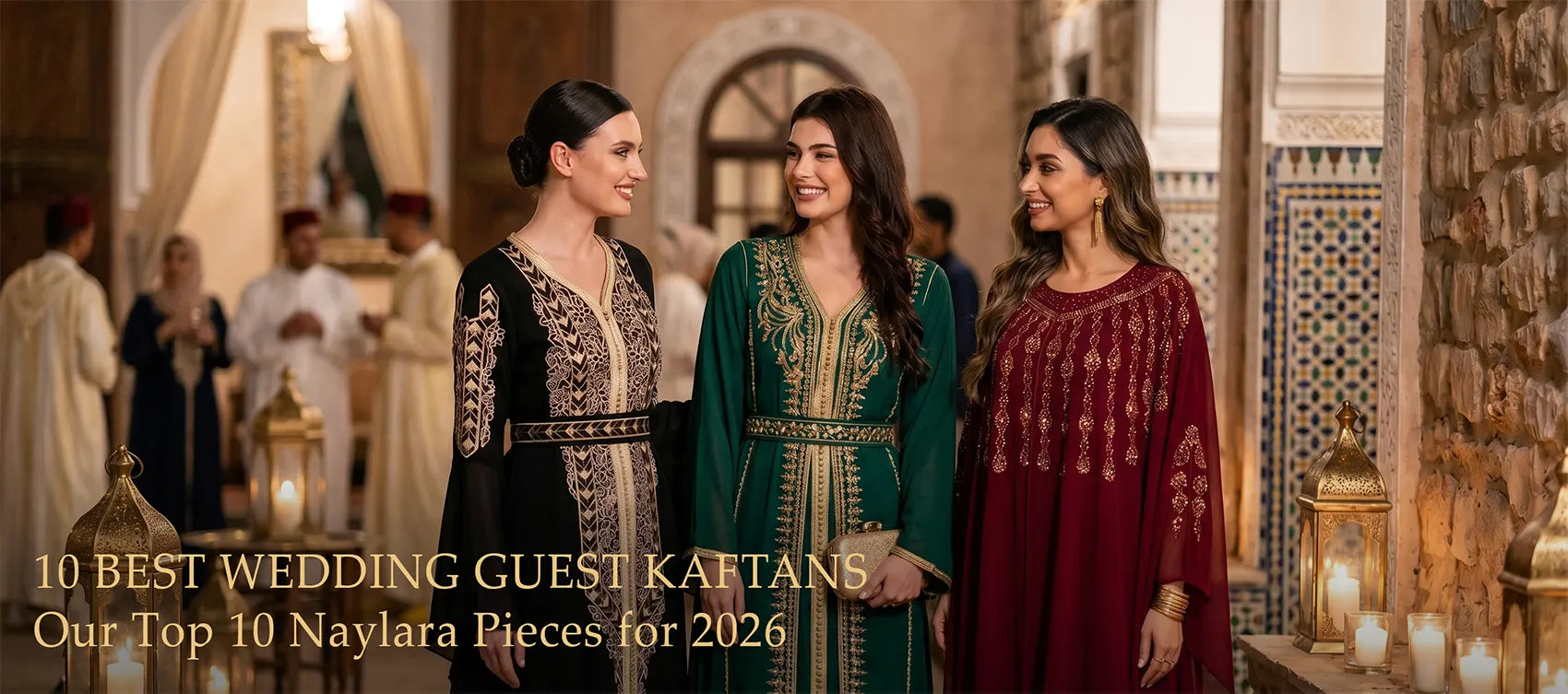 Three women wearing floor-length kaftans in black with gold embroidery, emerald green, and burgundy red at a candlelit Moroccan wedding venue