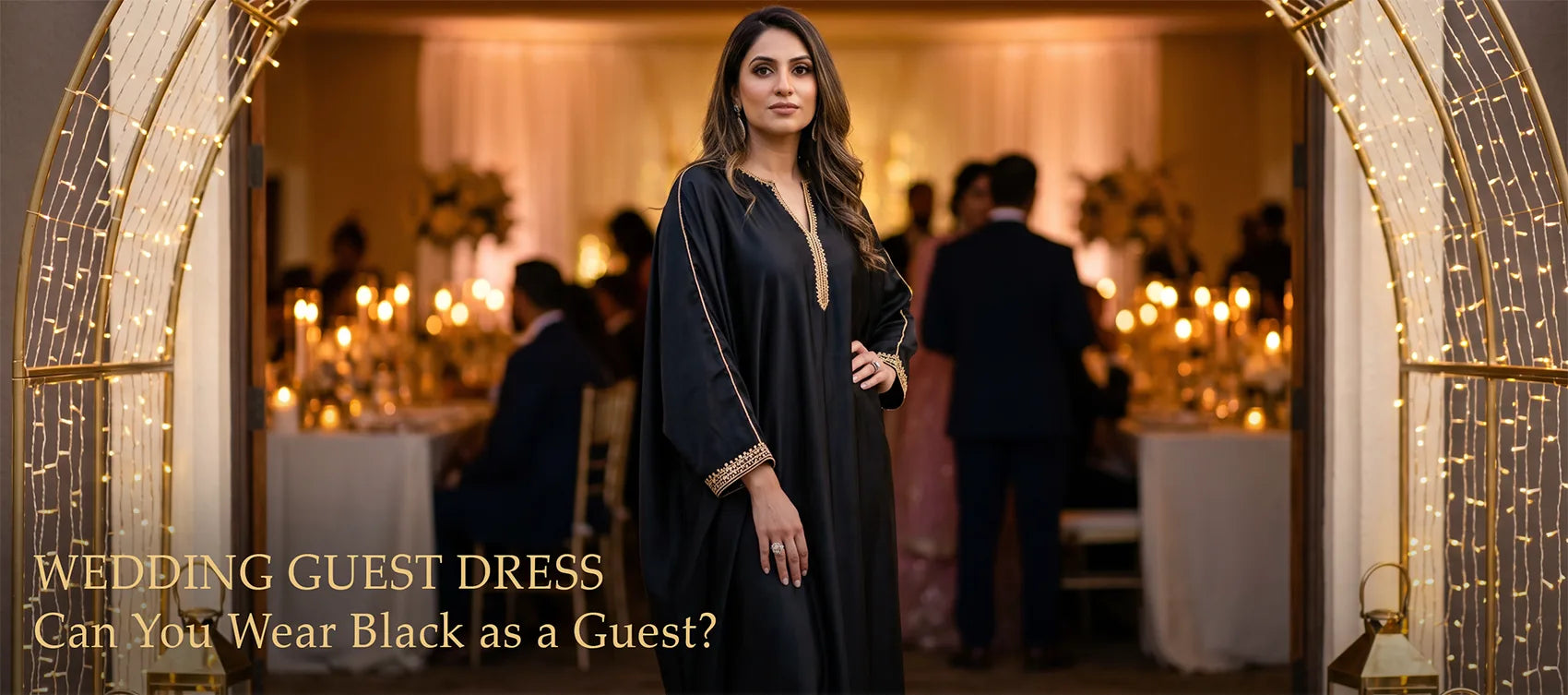 Woman wearing a floor-length black kaftan with gold trim standing at the entrance of a candlelit wedding reception