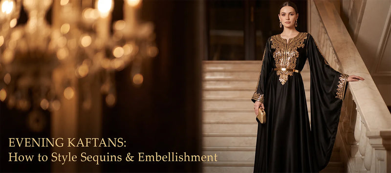 Black satin evening kaftan with gold sequin embroidery on a marble staircase — Evening Kaftans: How to Style Sequins & Embellishment