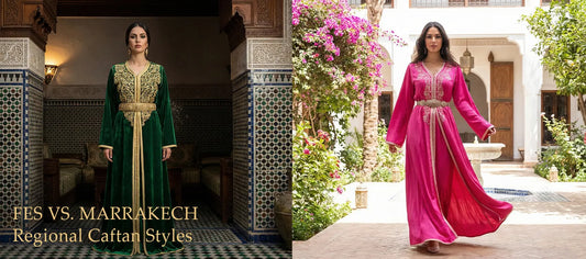 Side-by-side comparison featuring a structured green velvet Fes caftan on the left and a fluid pink Marrakech style takchita on the right, illustrating regional differences.