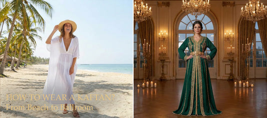 Side-by-side comparison of a sheer white beach kaftan tunic and a formal emerald green Moroccan Takchita, illustrating the versatility of kaftan styling.