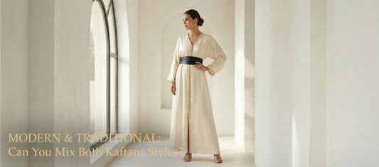 A featured blog banner showing a woman in a cream kaftan styled with a modern black leather belt, with text reading "Modern & Traditional: Can You Mix Both Kaftan Styles?"