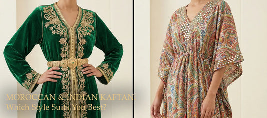 Side-by-side comparison featuring a green velvet Moroccan Kaftan with gold embroidery versus a colorful paisley Indian Kaftan tunic.