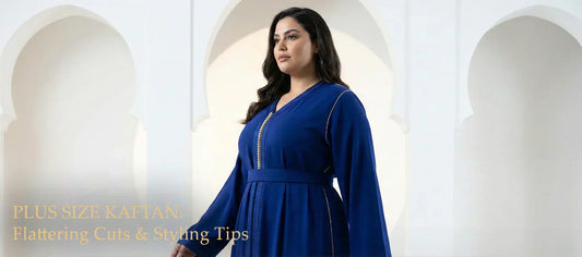 Blog banner featuring a model in a blue Kaftan with the text "Plus Size Kaftan: Flattering Cuts & Styling Tips" set against a white Moroccan arch background.