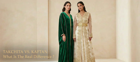 Side-by-side comparison showing the structural difference between a one-piece green velvet Kaftan and a two-piece white Takchita with a gold belt.