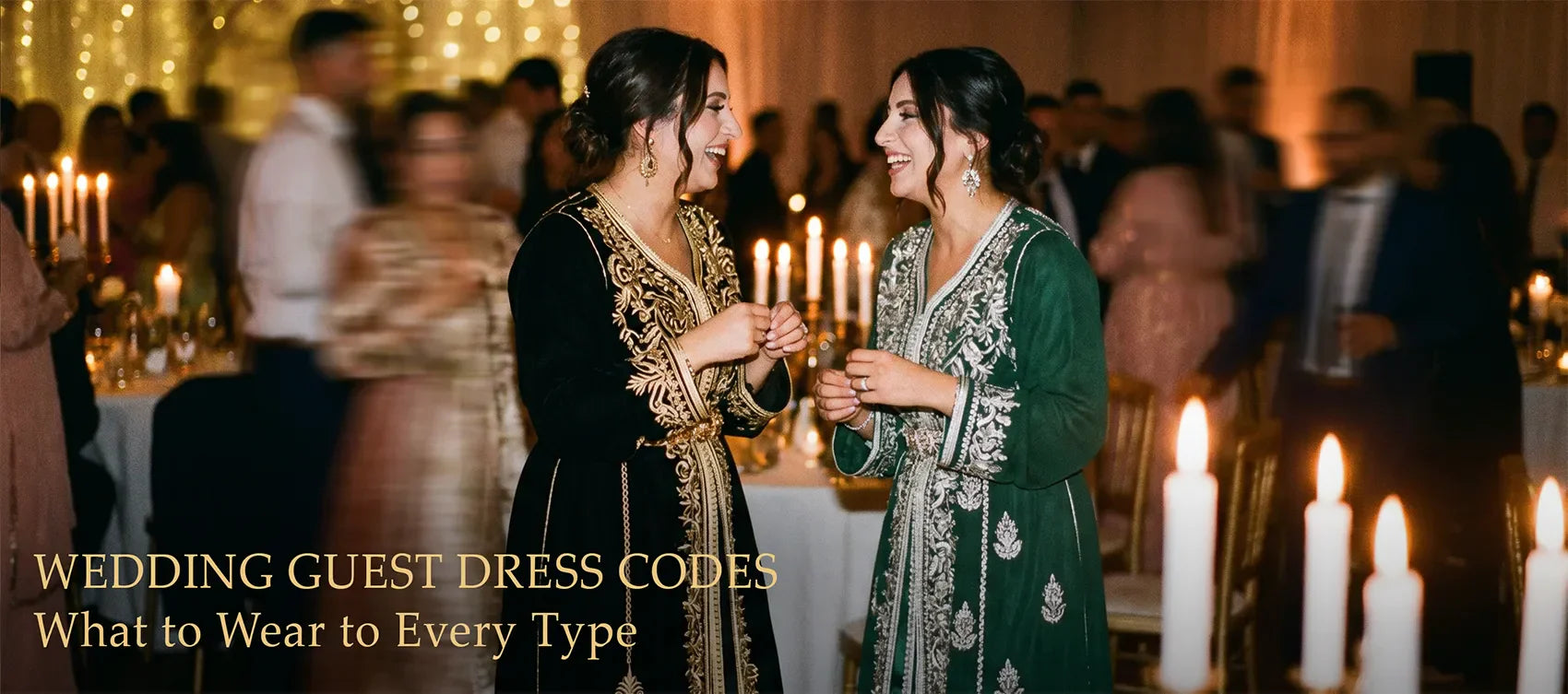 Two women wearing embroidered kaftans in black with gold and emerald green at a candlelit wedding reception