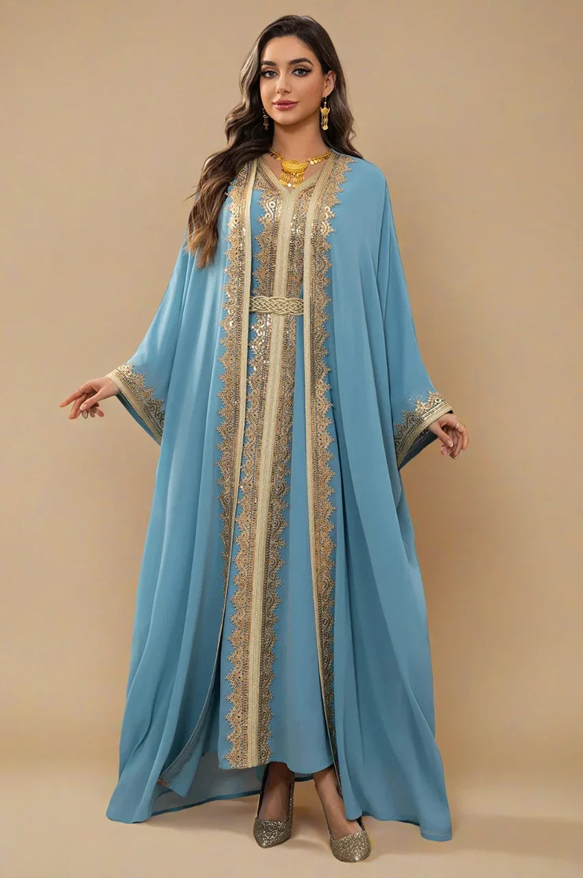 Front view of the sky blue long sheer kaftan set showing the open overlay and matching inner dress.