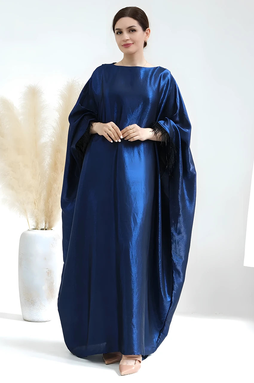 Full-length blue satin kaftan gown Alara in a modest loose silhouette