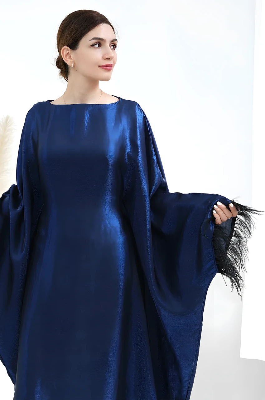 Kaftan Dress - Wedding Guest & Party - Feather Trim Batwing Sleeves - Glossy Satin - US 6