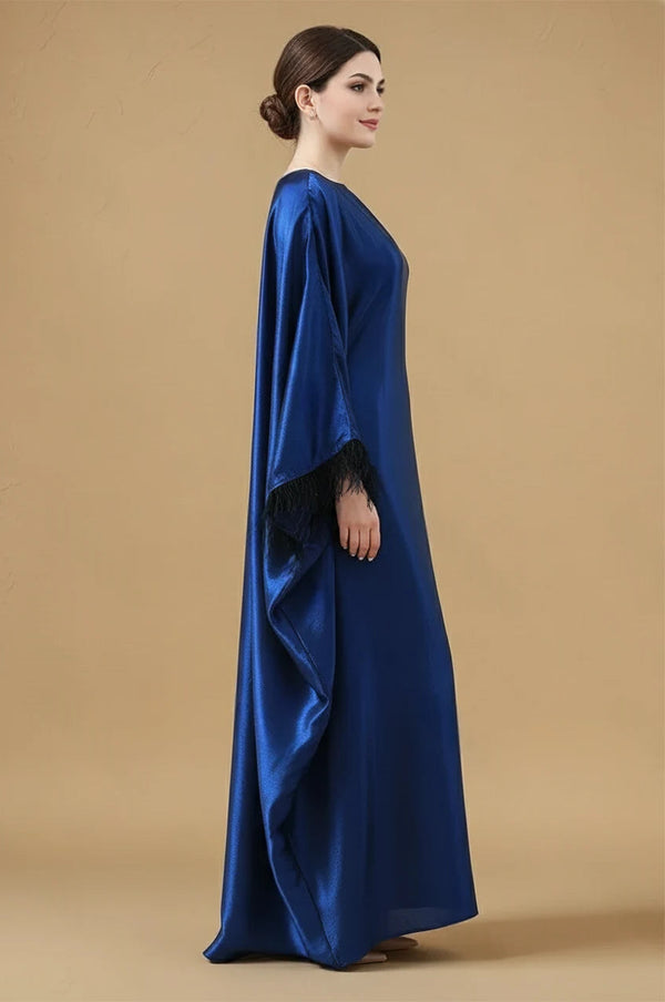 Kaftan Dress - Wedding Guest & Party - Feather Trim Batwing Sleeves - Glossy Satin - US 6