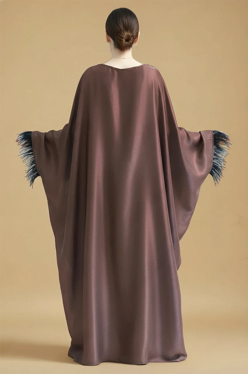 Brown satin kaftan gown with feather-trim sleeves, back view – ALARA luxury evening kaftan for women
