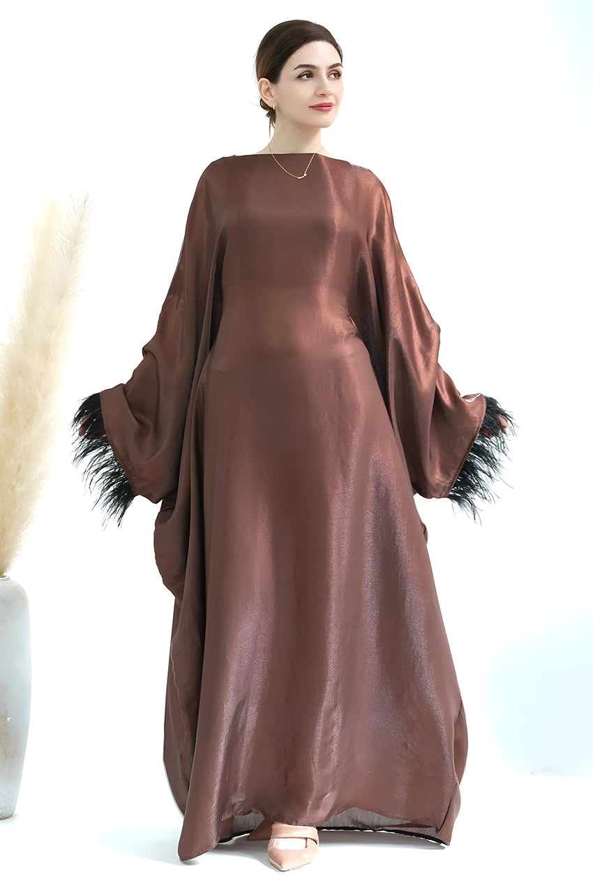 Elegant brown satin Alara kaftan gown with flowing batwing sleeves and glossy finish