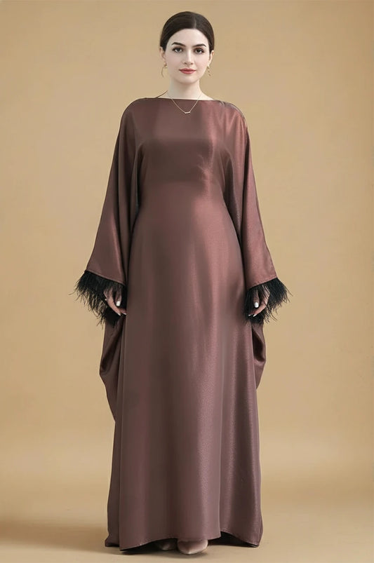 ALARA brown satin kaftan gown for women, elegant front view with glossy satin fabric and feather-trim sleeves