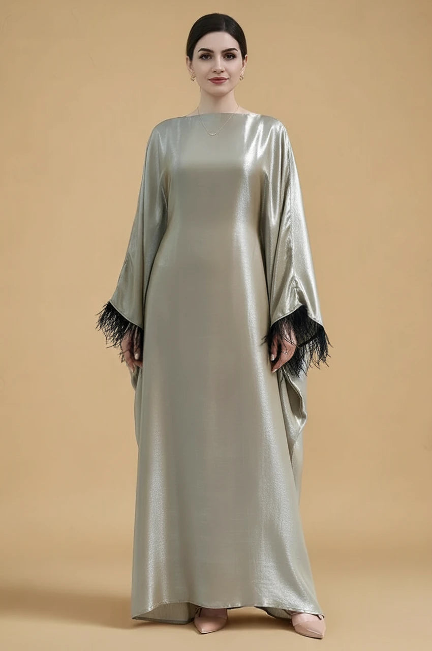 ALARA green satin kaftan gown with feather cuffs – elegant front view