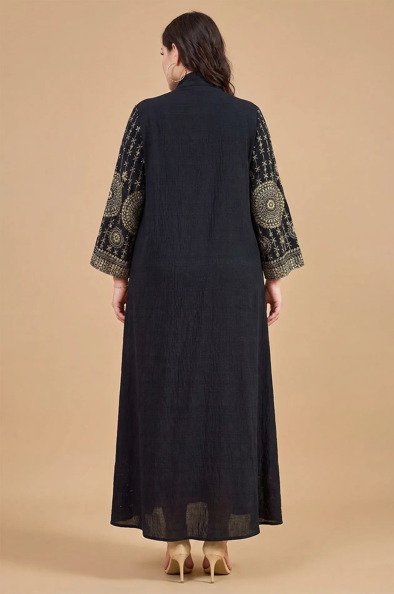 Full back view of the Aluna black mirror kaftan showing the modest floor-length silhouette and embroidered sleeves.