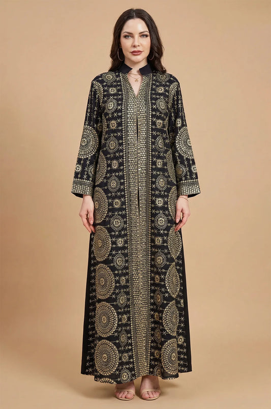 Formal studio front view of the Aluna black mirror kaftan with high-contrast gold geometric embroidery.