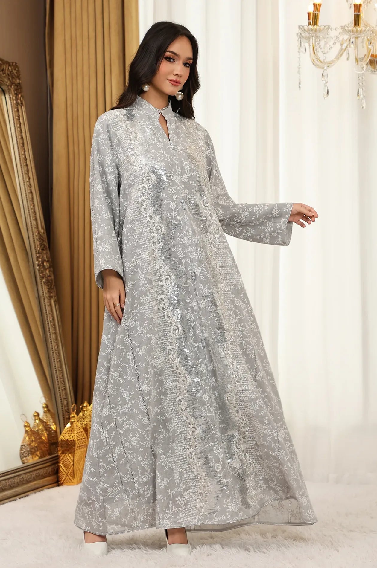 Full body shot of the Alura Shimmer Kaftan in gray with silver accents and a sophisticated mandarin collar.