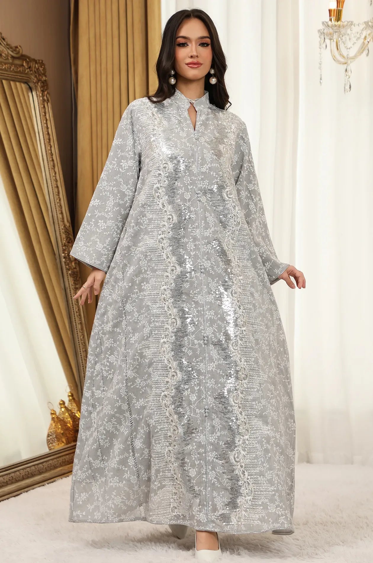 Elegant pose of the Alura Shimmer Kaftan in gray, perfect for weddings and formal parties, presented by Naylara.