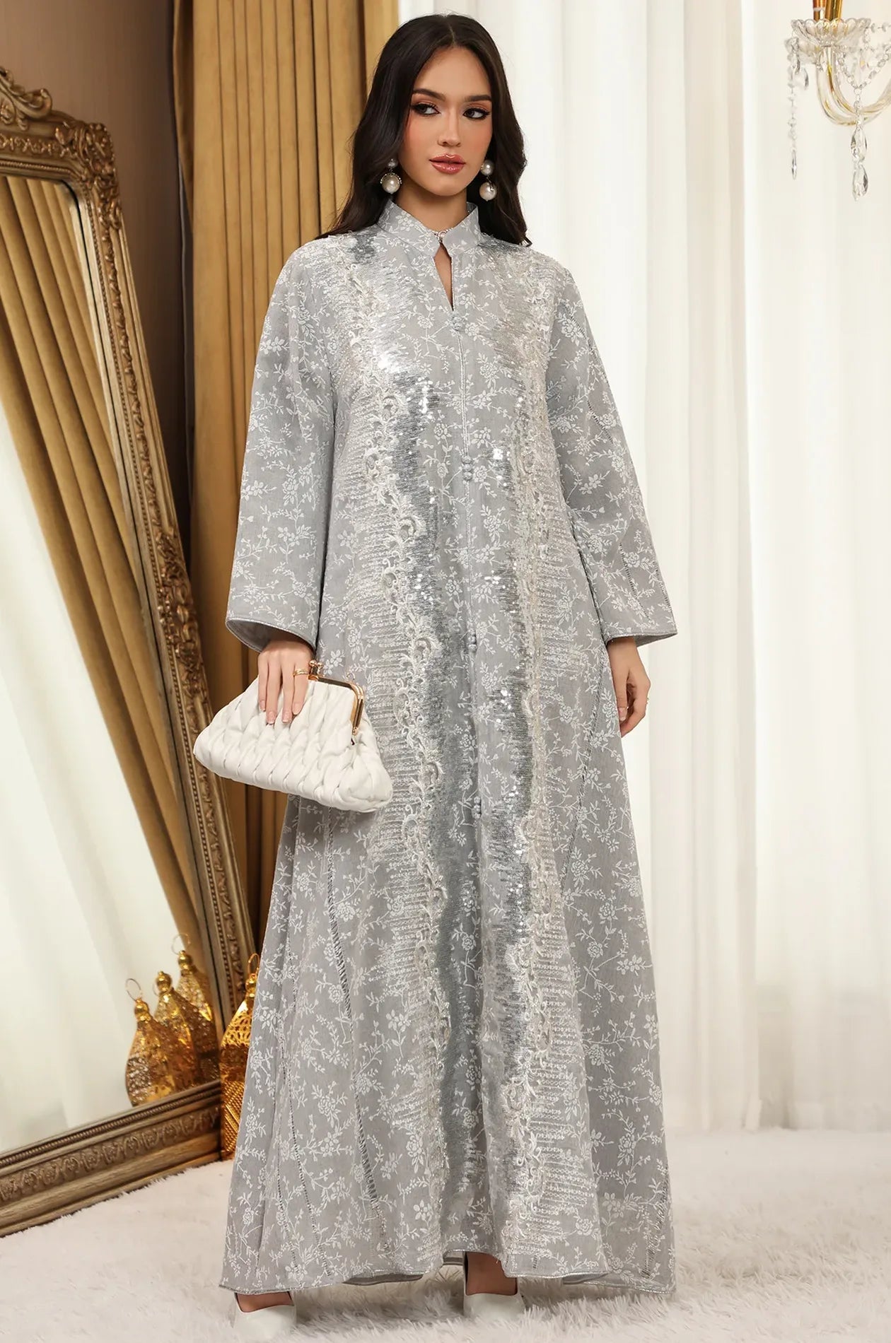 Modest fashion Alura Shimmer Kaftan in gray with luminous silver sequin panels and high collar design.
