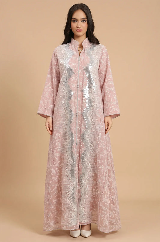 Full-length front view of the Alura shimmer kaftan in blush pink with silver floral embroidery on a neutral background.