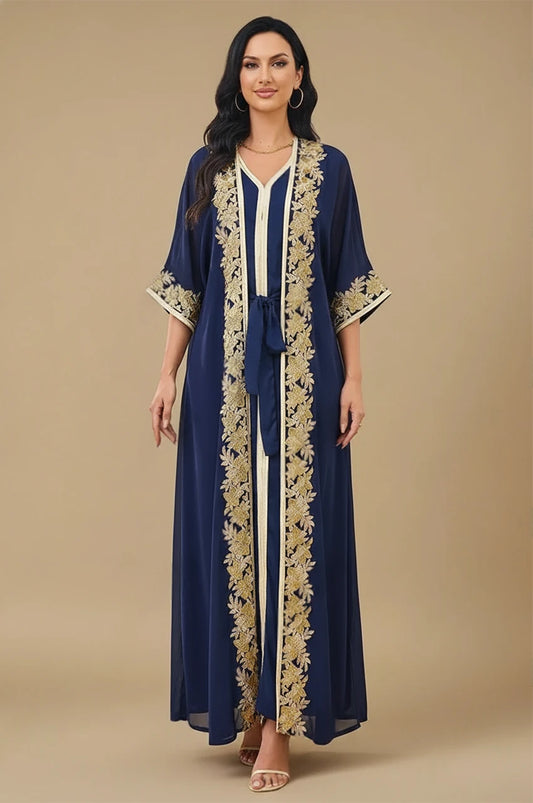 Front view of the Amalys navy blue and gold kaftan featuring a belted waist and floral borders.