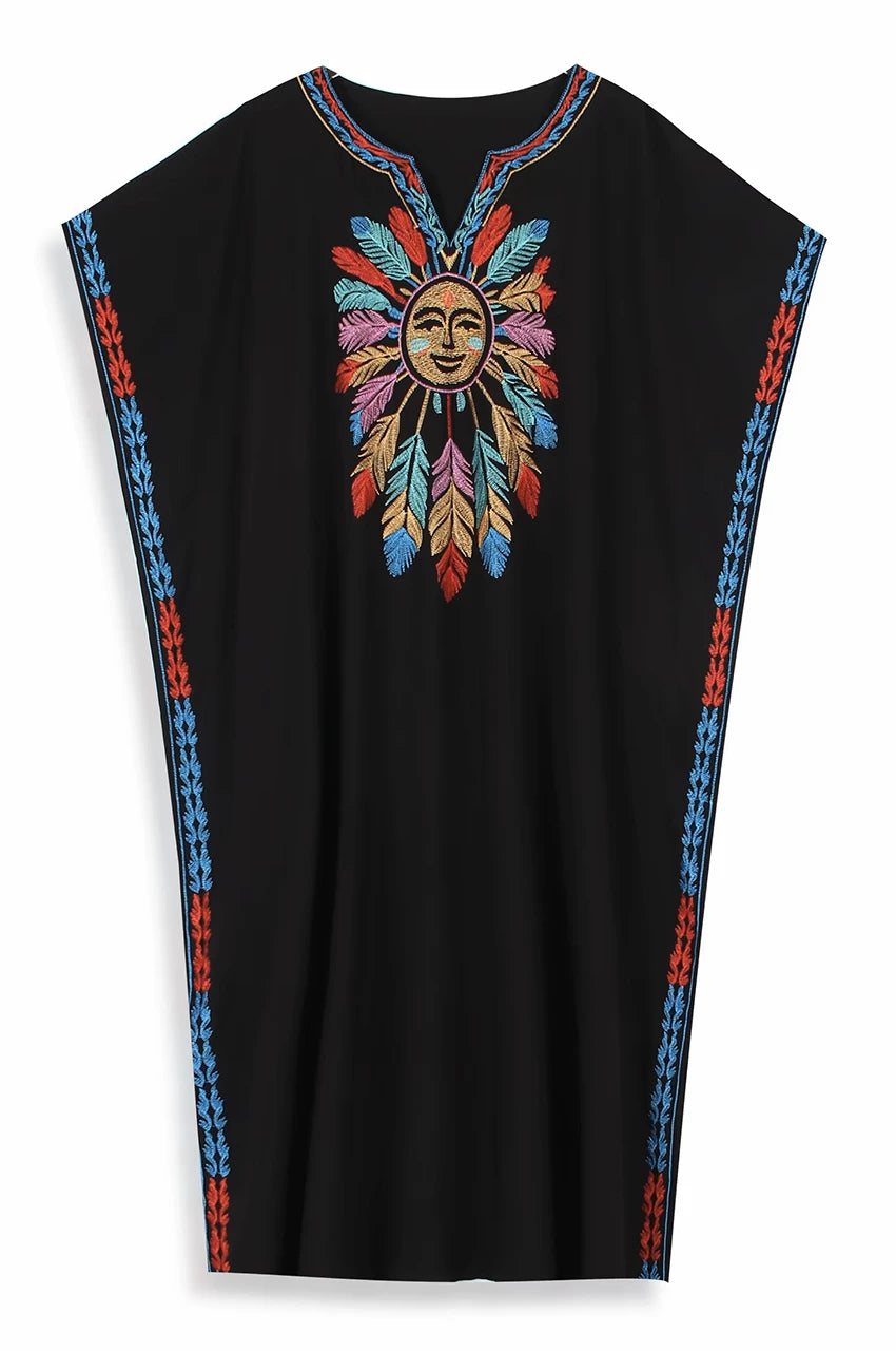 Flat front view of Amaya black embroidered cotton kaftan