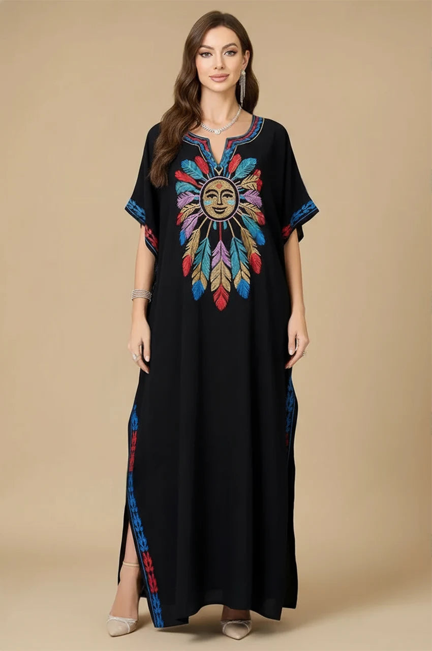 Full front view of Amaya black embroidered cotton kaftan with vibrant multicolor sun embroidery