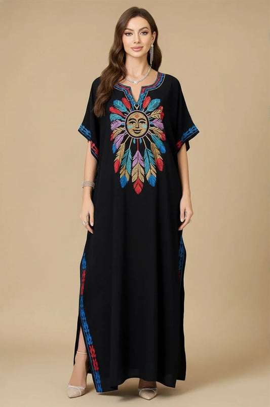 Full front view of Amaya black embroidered cotton kaftan with vibrant multicolor sun embroidery