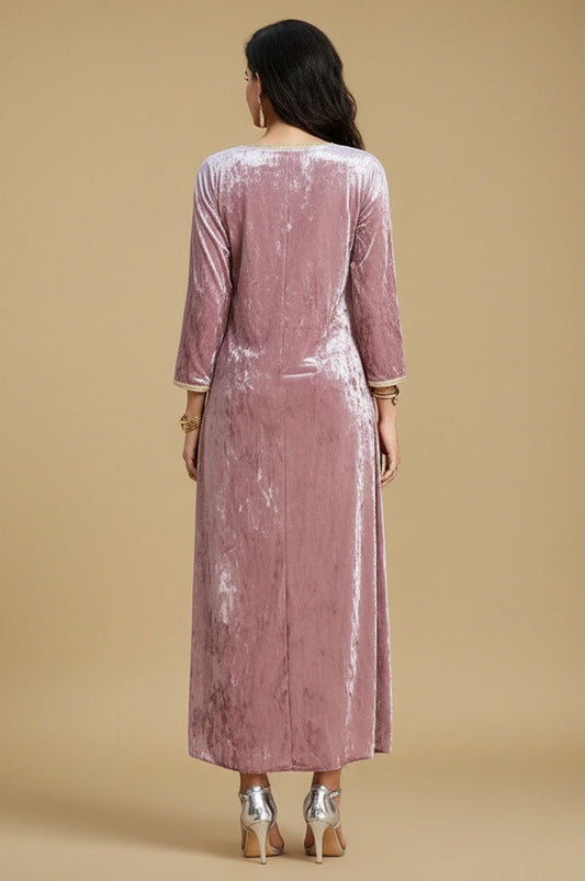 Back view of the Amina pink velvet Pakistani kaftan showing smooth velvet drape
