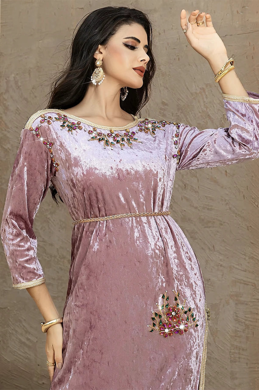 Close-up of Amina pink velvet Pakistani kaftan with jeweled embellished neckline