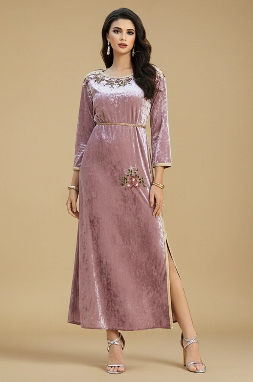 Front full-length view of the Amina pink velvet Pakistani kaftan with waist detail and slit