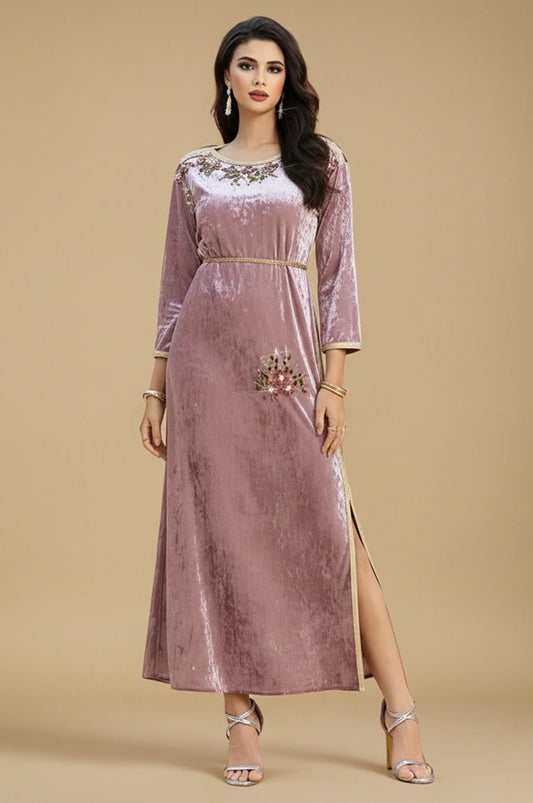 Front full-length view of the Amina pink velvet Pakistani kaftan with waist detail and slit