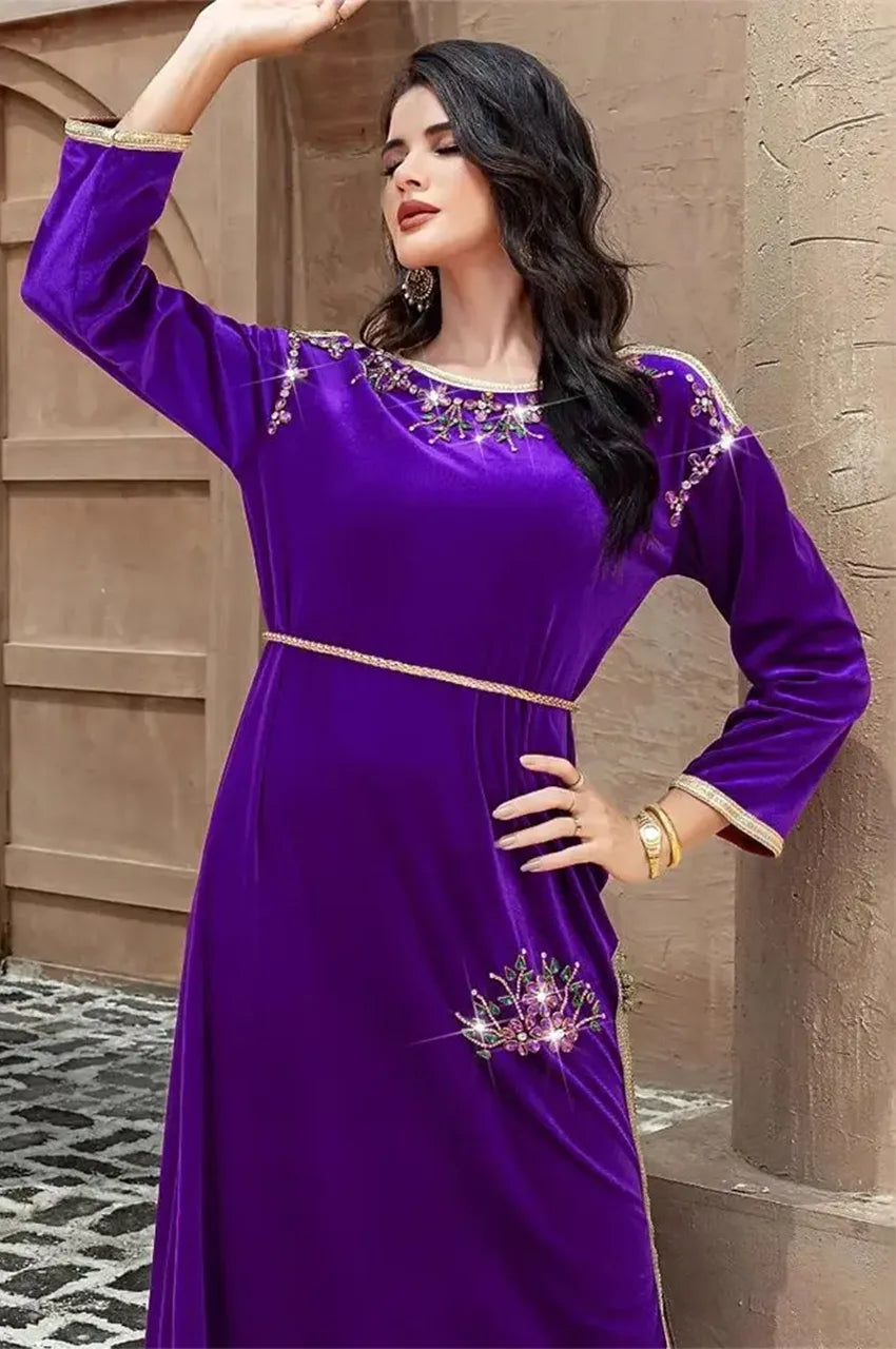 Close-up of the embellished neckline on the purple velvet Pakistani kaftan Amina