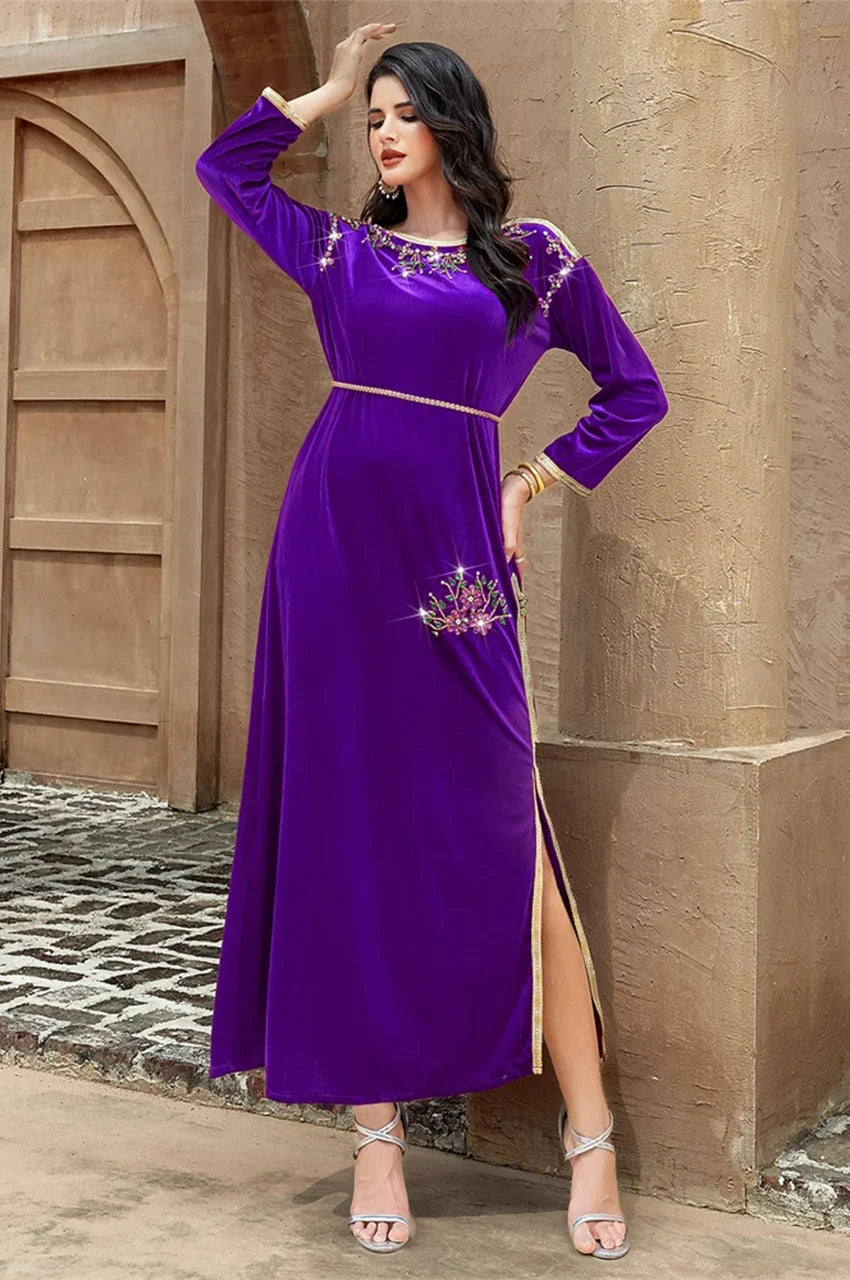 Elegant purple velvet kaftan Amina – embellished neckline and fitted waist, Pakistani style