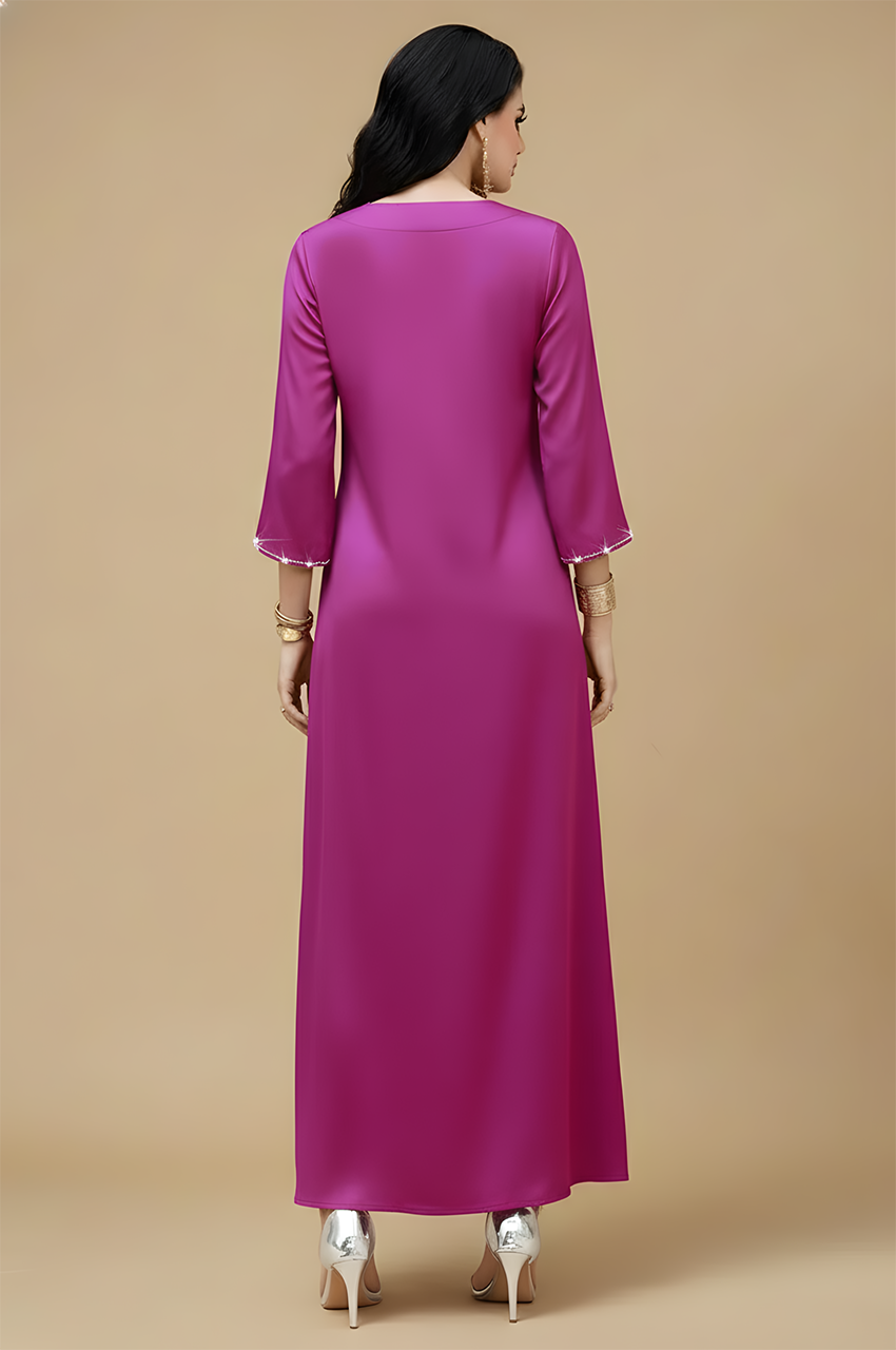 Back view of Naylara Amira purple kaftan with smooth full-length back panel