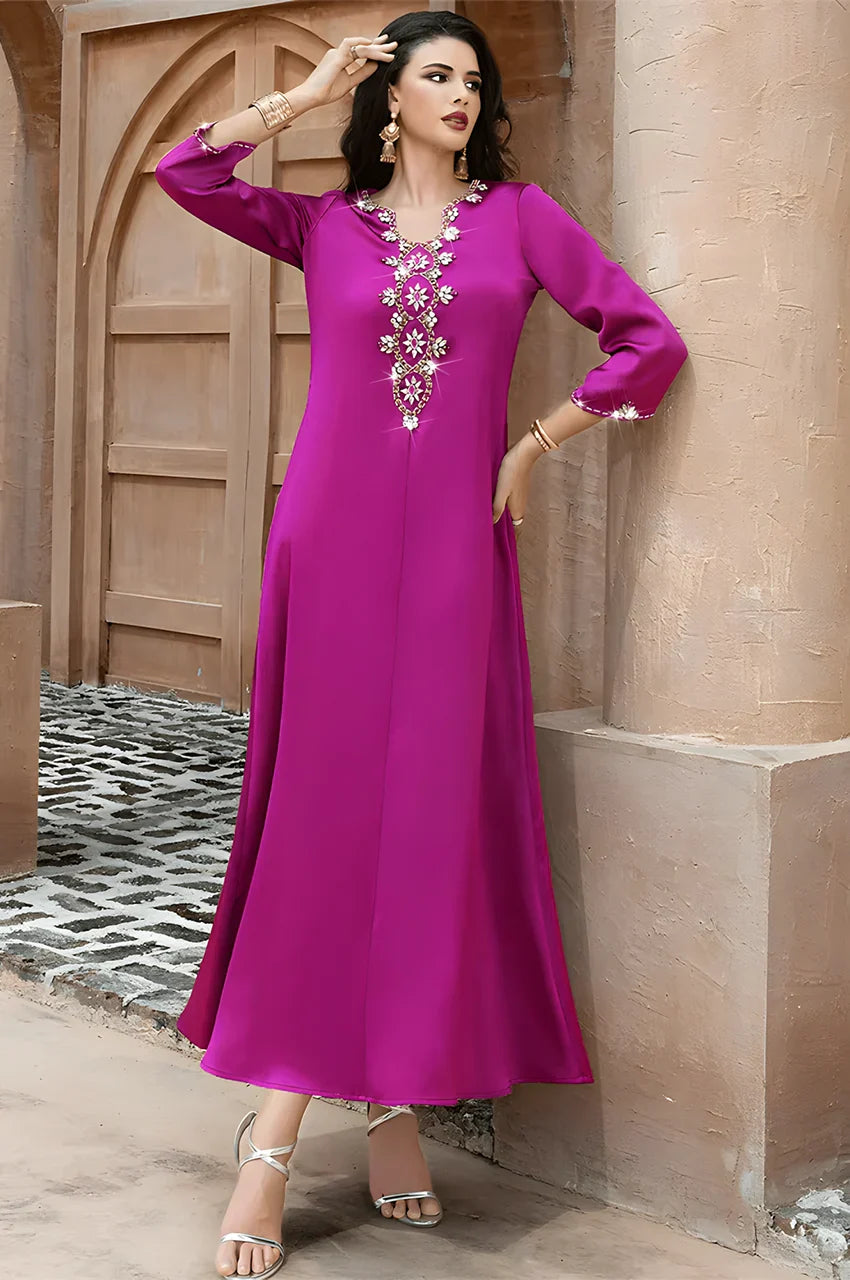 Full-length view of Naylara Amira purple kaftan in vibrant purple with crystal front design