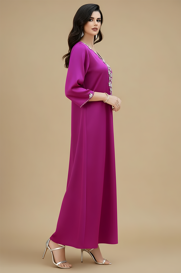Side view of Naylara Amira purple kaftan showing relaxed drape and sleeves