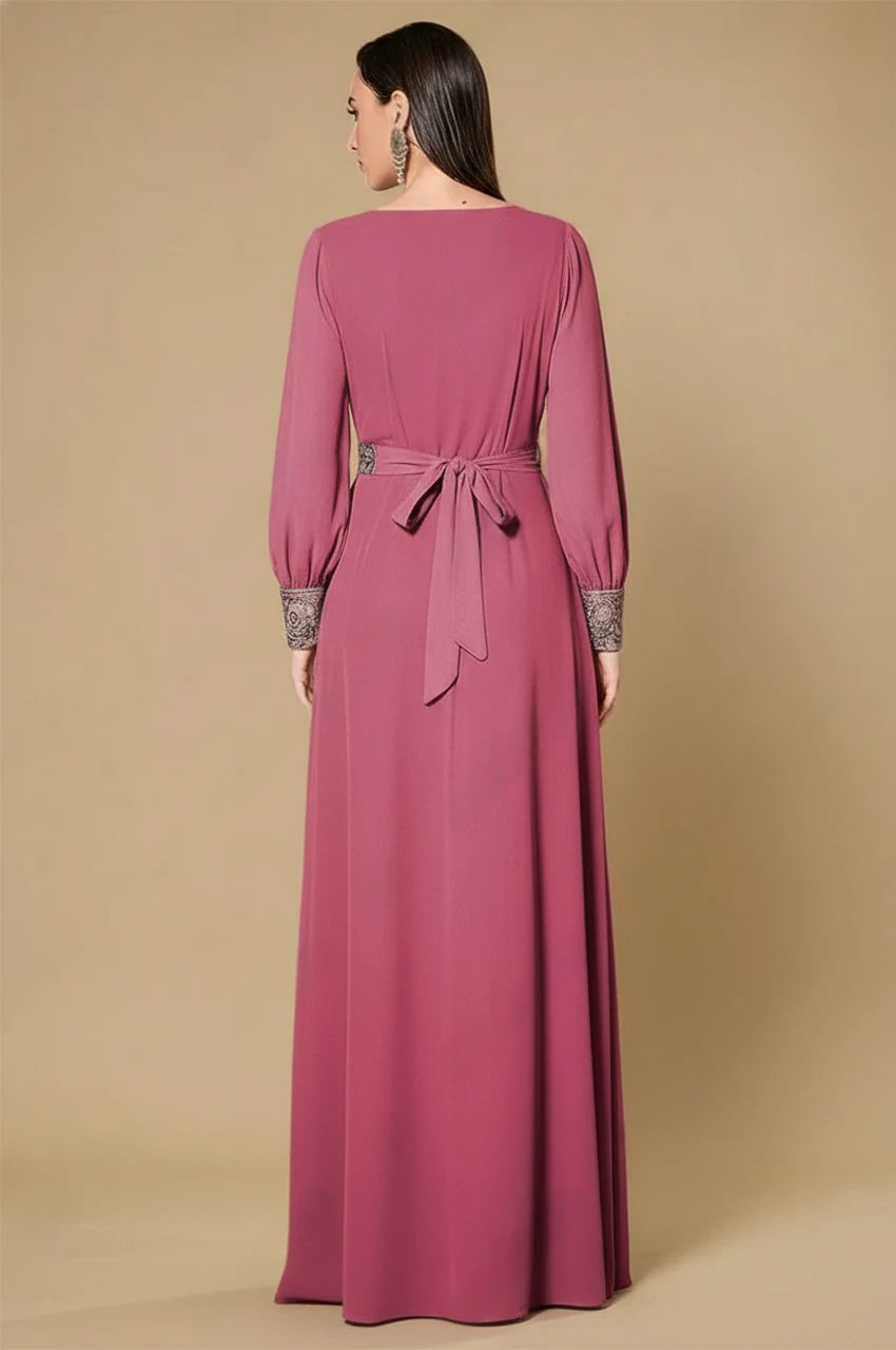 Arisa Hot Pink Kaftan back view with tied waist and long maxi drape