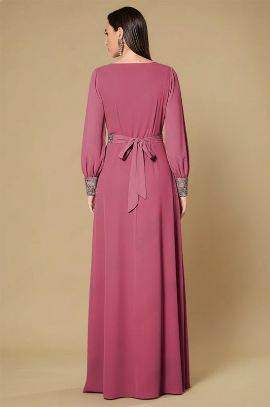 Arisa Hot Pink Kaftan back view with tied waist and long maxi drape