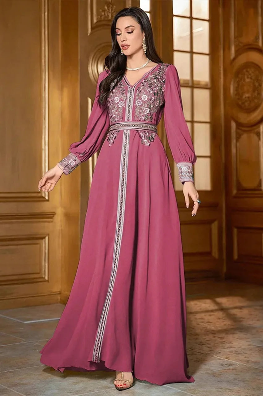 Arisa hot pink kaftan, front full-length view with floral embroidered bodice, long sleeves and waist belt