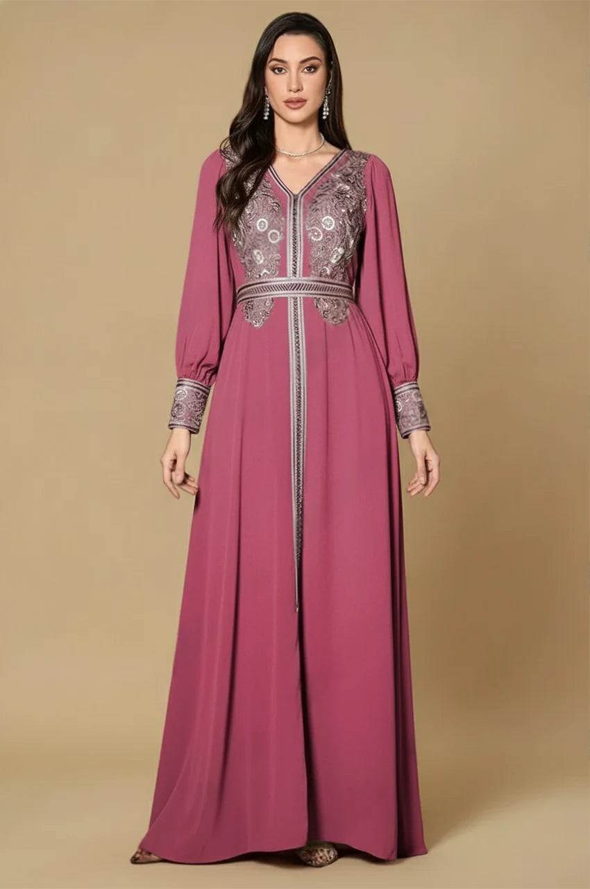 Arisa Hot Pink Kaftan front view showing silver embroidery and flowing skirt