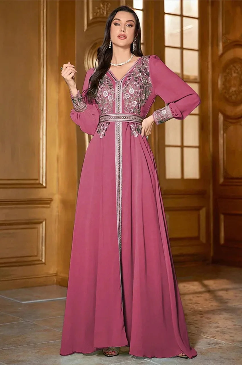 Moroccan Kaftan Dress - Wedding Guest & Party Wear - Floral Embroidery Adjustable Belted Waist - Lightweight Fabric - US 8