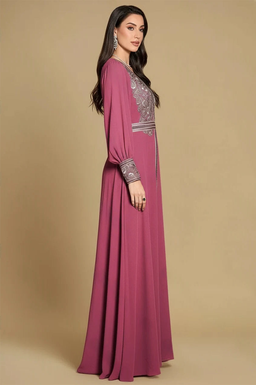 Arisa Hot Pink Kaftan side view with embroidered bodice and long sleeves