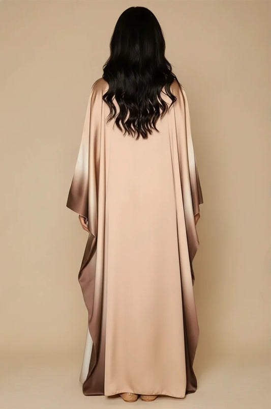 Back view of Auressa Butterfly Kaftan in Beige showing smooth satin finish