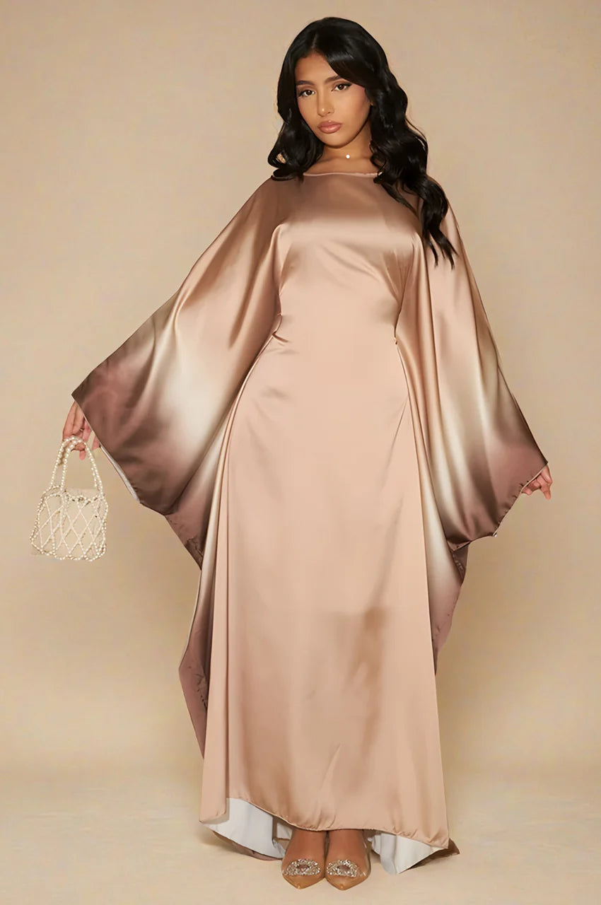 Auressa Butterfly Kaftan in Champagne Beige satin highlighting ombre gradient