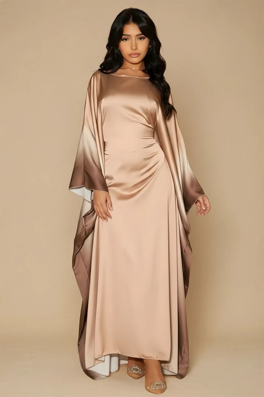 Front view of Auressa Butterfly Kaftan in Beige satin with ombre draped sleeves