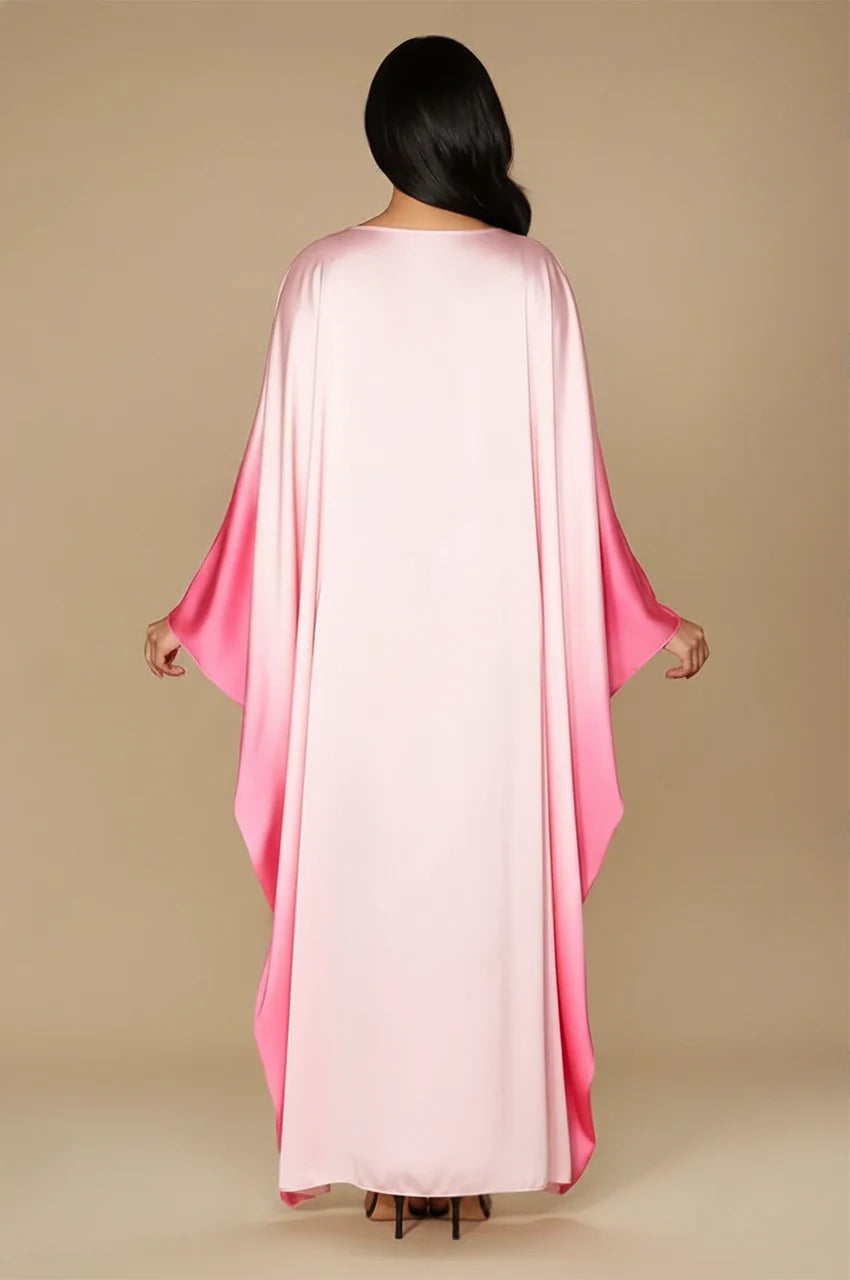Back view of Auressa Pink Butterfly Kaftan displaying soft ombre gradient from blush to rose