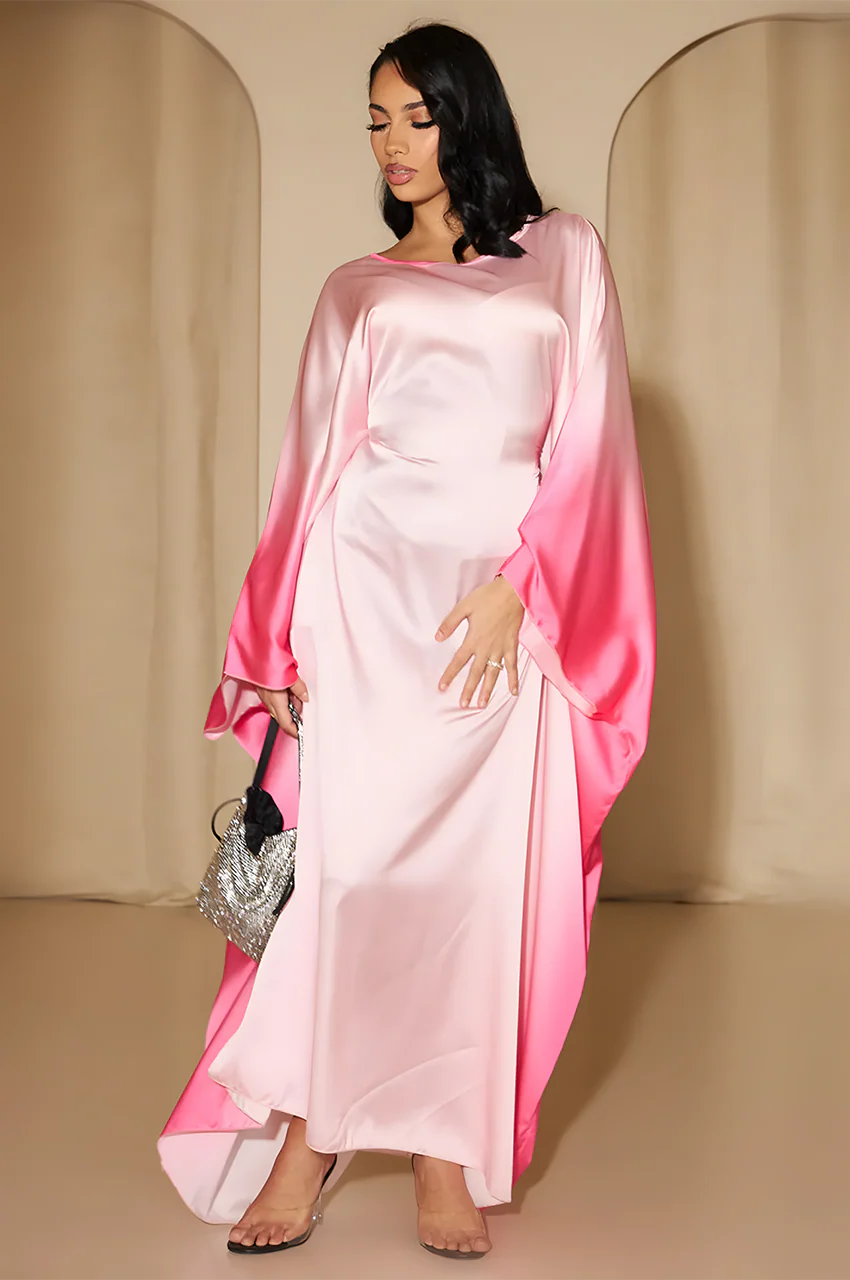 Elegant Pink Butterfly Kaftan dress by Auressa in silky satin fabric for luxury occasions