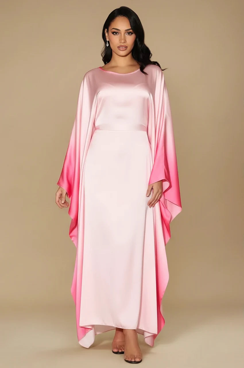 Front view of Auressa Butterfly Kaftan in Pink ombre satin with elegant flowing sleeves