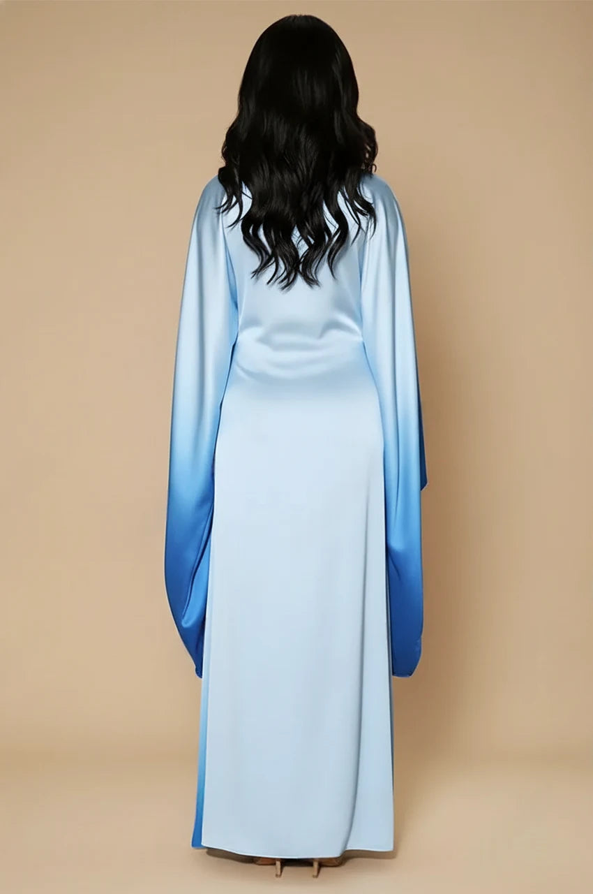 Back view of Auressa Sky Blue Butterfly Kaftan highlighting satin ombre finish